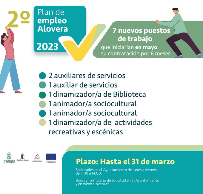 Ayuntamiento de Alovera convoca segundo plan de empleo 2023 con seis puestos disponibles