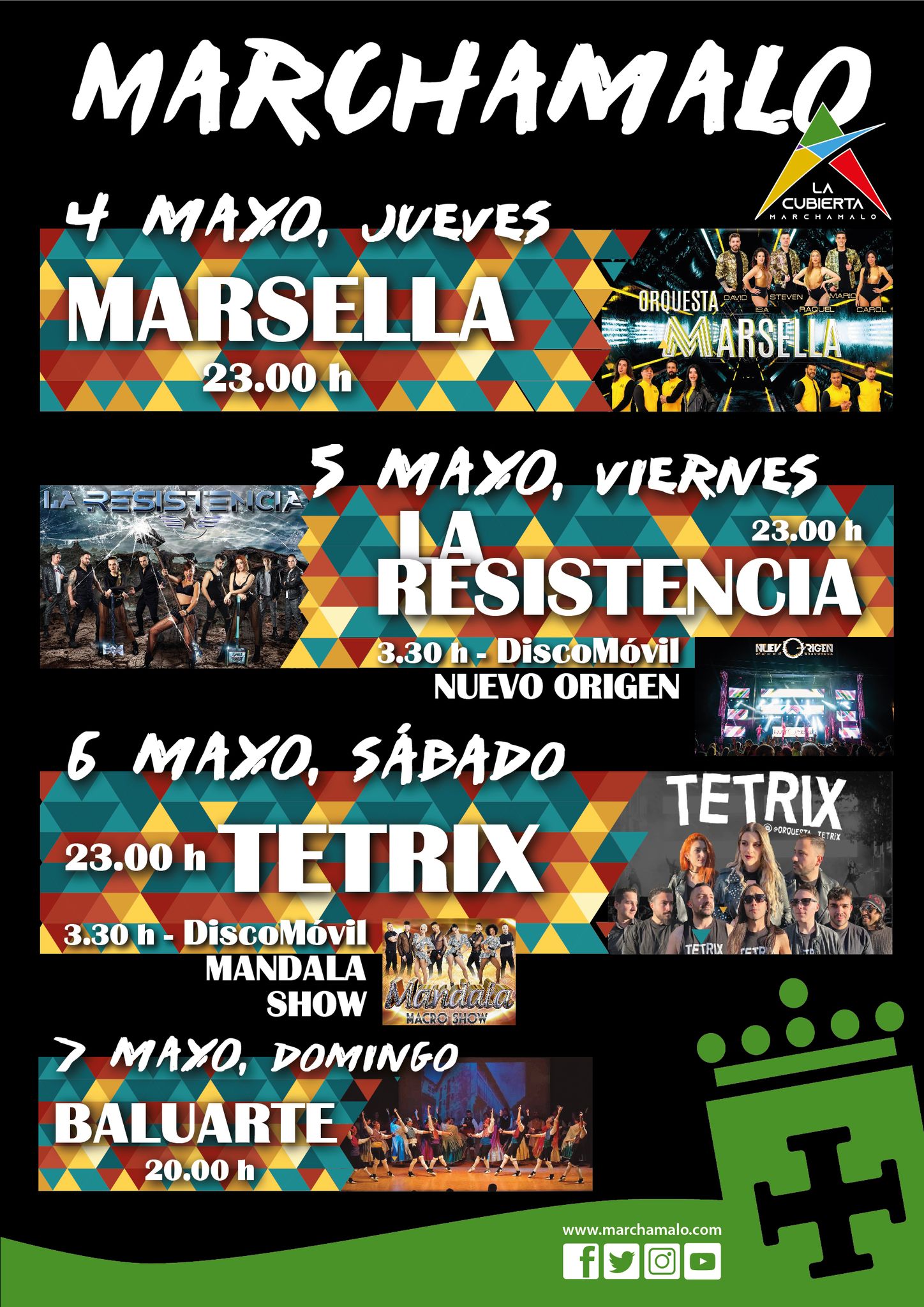 Cartel Musical de Fiestas en Ayto. Marchamalo: Cuatro noches de espectáculos gratuitos en La Cubierta del Parque de Ferias