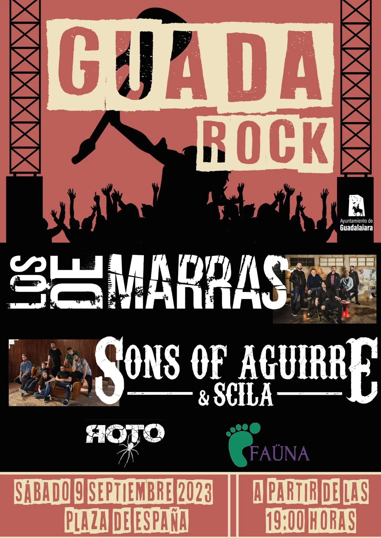 “GUADA ROCK” tomará el escenario en la Plaza de España, con grupos locales como Roto y Faüna, junto con las bandas principales Sons of Aguirre & Scila y Los de Marras.