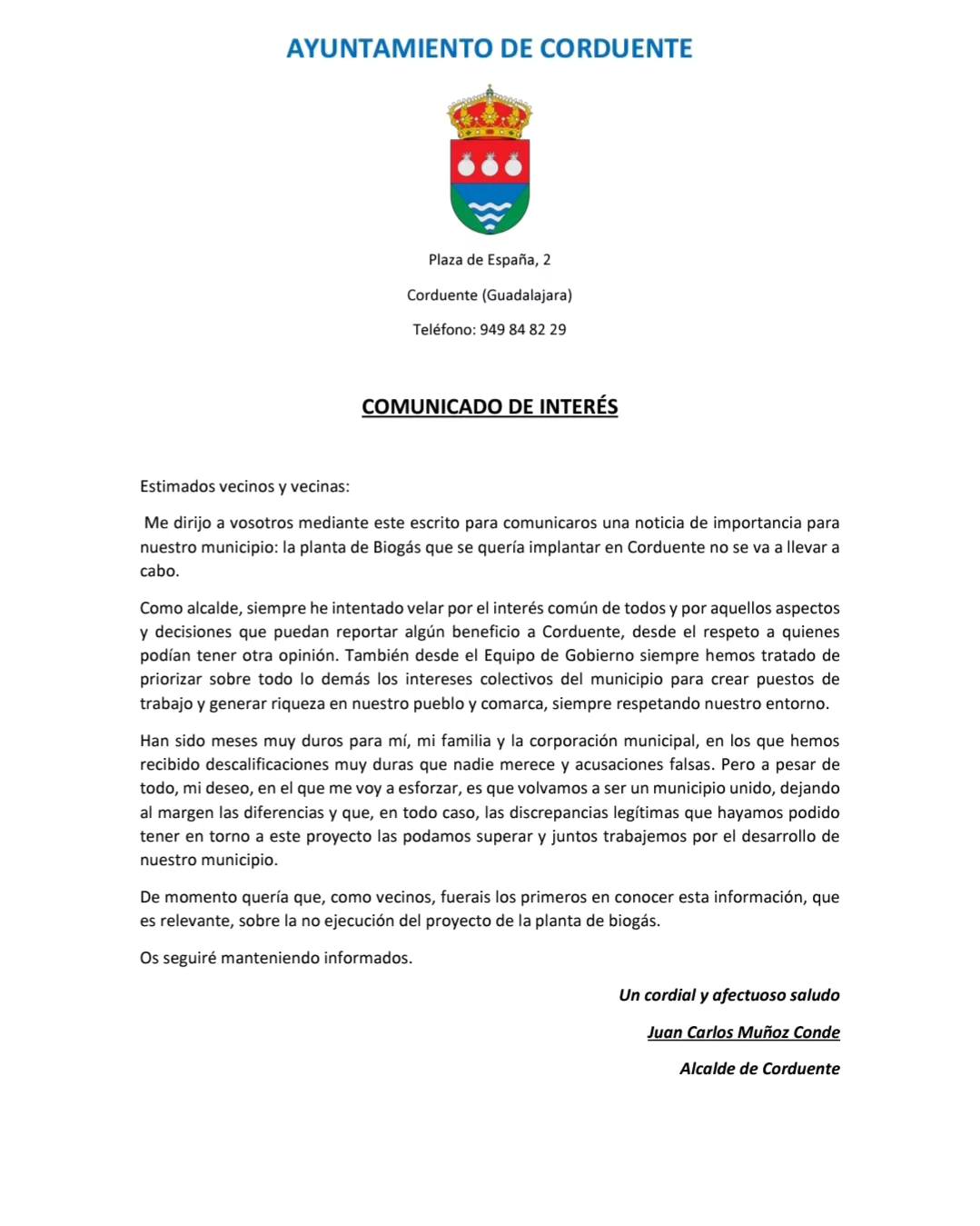 Cancelada la Planta de Biogás en Corduente