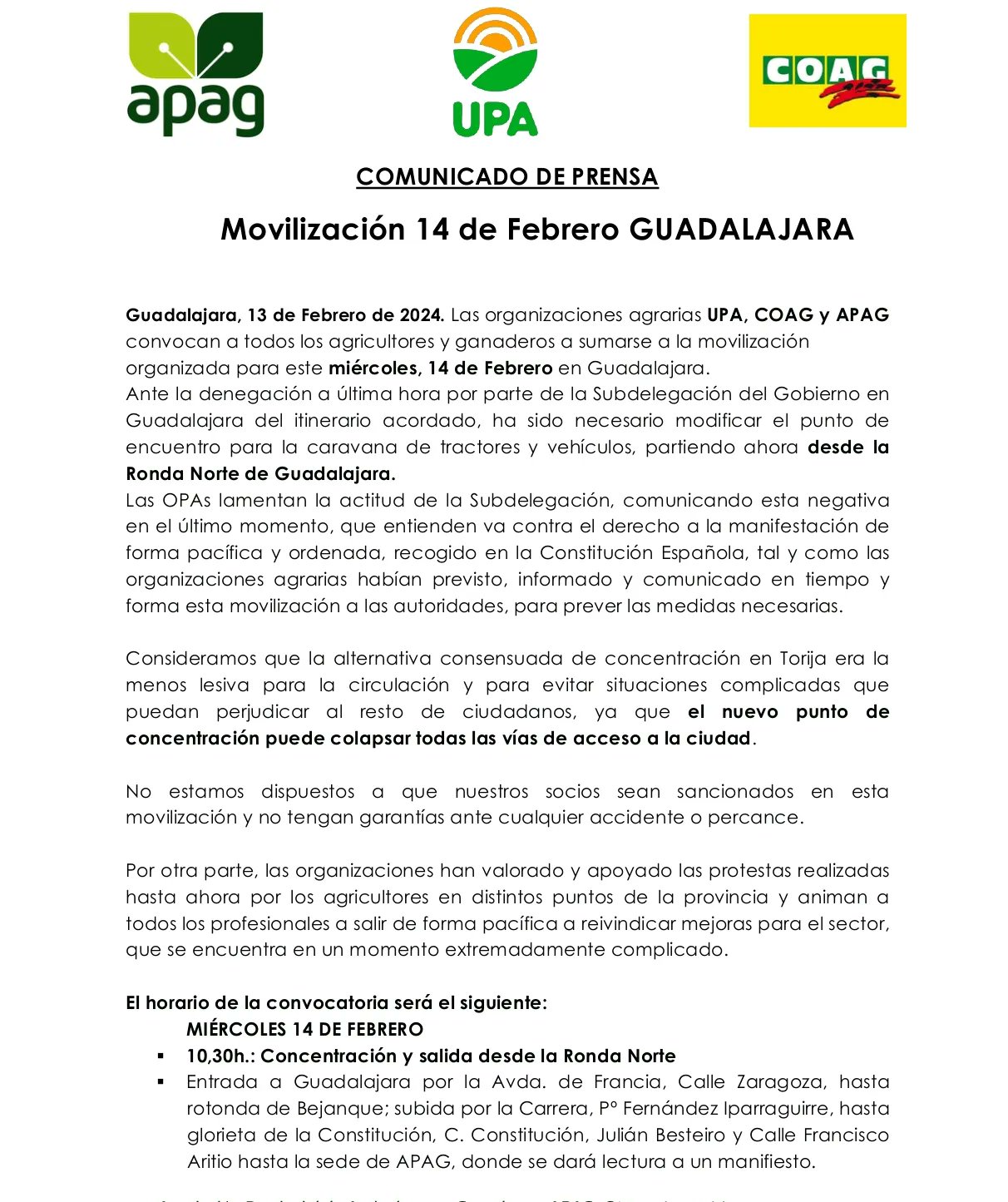 Nuevo punto de reunión para la protesta agraria del 14 de Febrero en Guadalajara