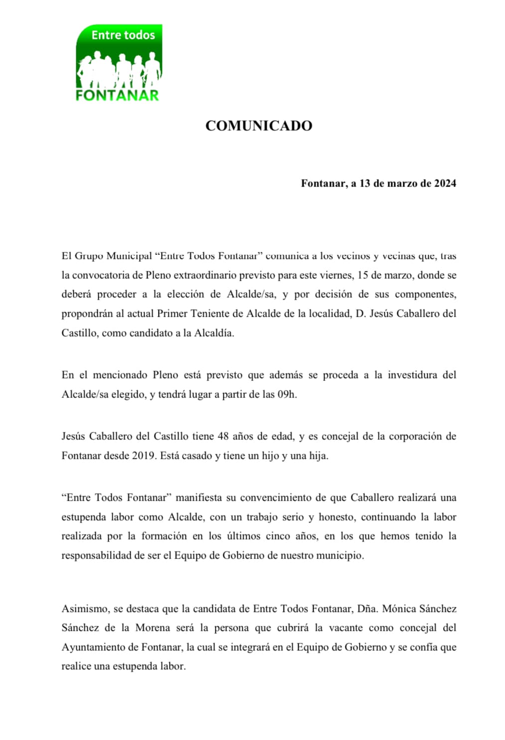 Elección de Jesús Caballero del Castillo como Alcalde de Fontanar