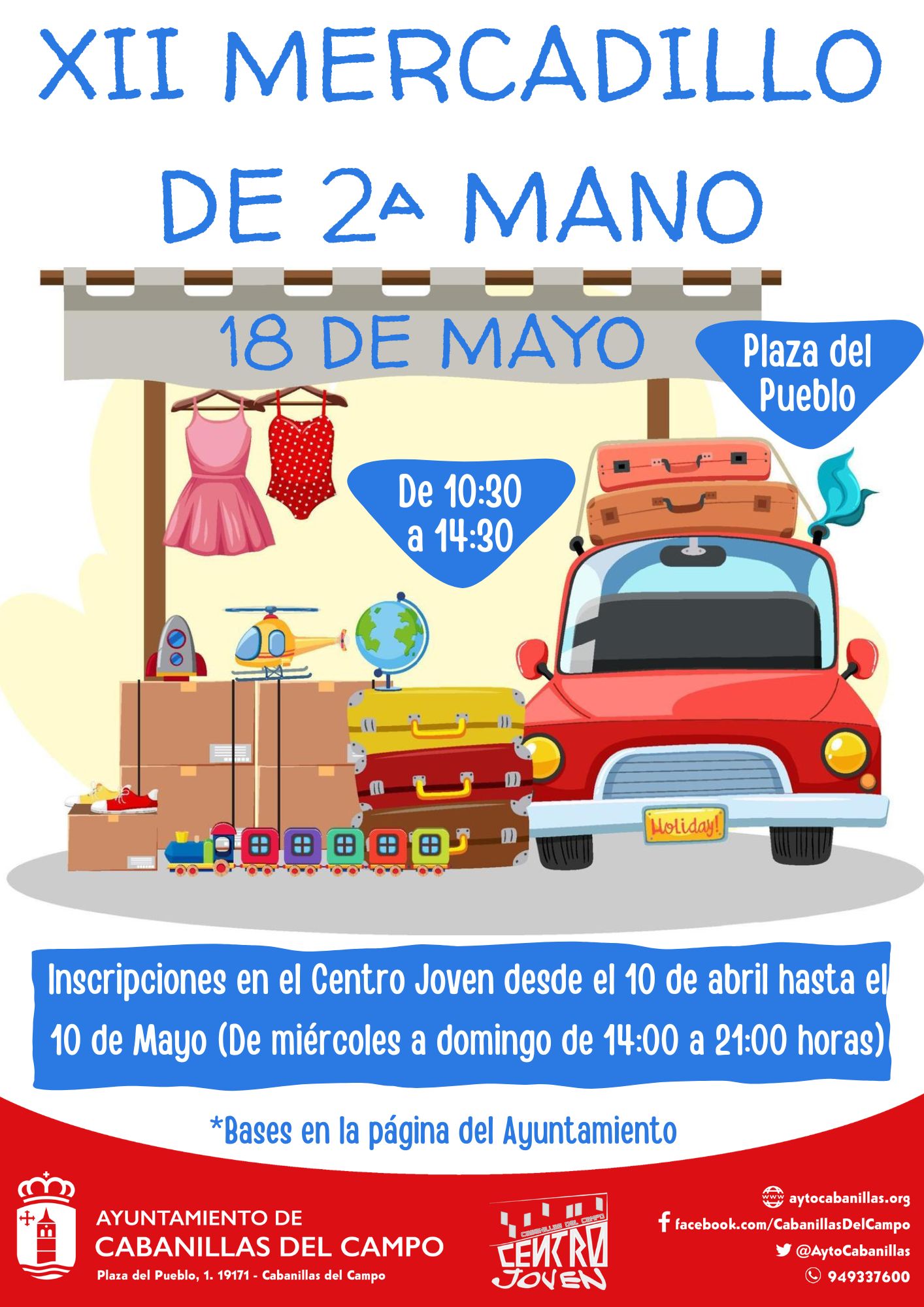 El Ayuntamiento de Cabanillas del Campo organiza la 12ª edición del Mercadillo de Segunda Mano en la Plaza del Pueblo. Inscripciones abiertas del 10 de abril al 10 de mayo en el Centro Joven.