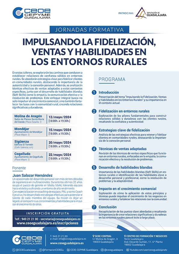 CEOE-CEPYME Guadalajara Anuncia Ciclo de Jornadas Formativas para Impulsar la Fidelización, Ventas y Habilidades en Entornos Rurales