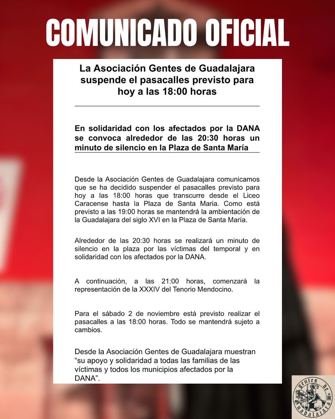 Suspendido el pasacalles del Tenorio Mendocino en Guadalajara en respeto a las víctimas de la DANA