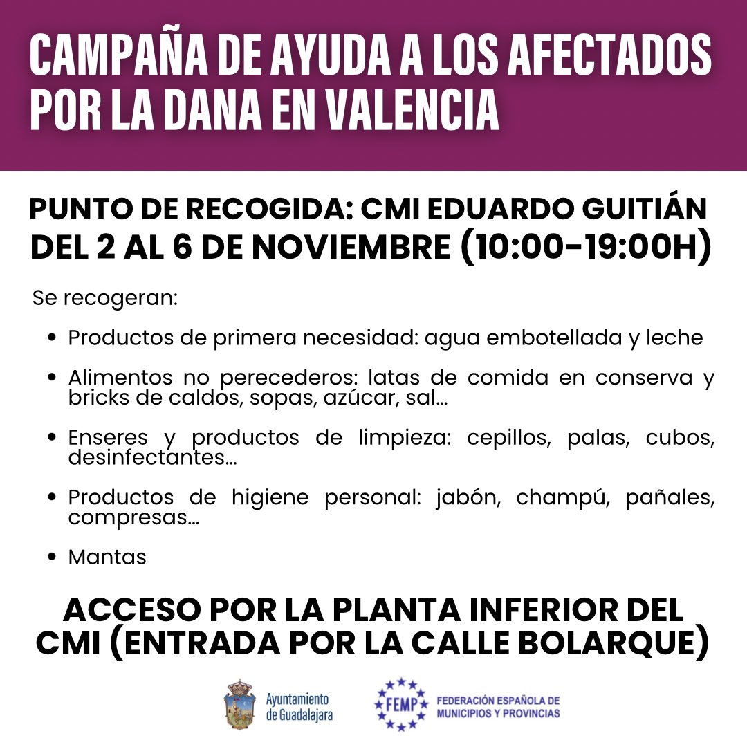 Ayuntamiento de Guadalajara: campaña de recogida de material para afectados por la DANA