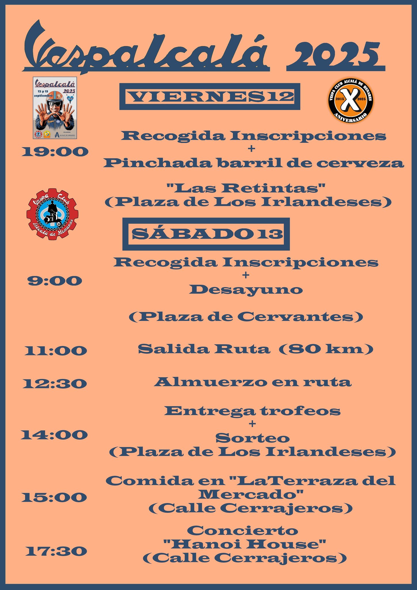 Vespalcalá 2025 celebra su décimo aniversario: 200 Vespas recorrerán Alcalá de Henares