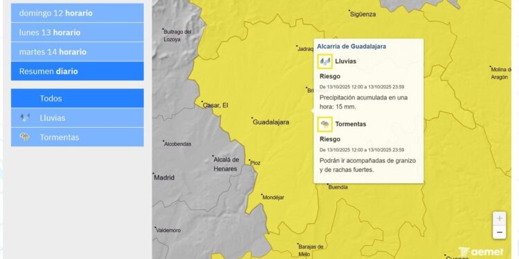 Activado aviso amarillo por lluvias y tormentas en Cabanillas del Campo este lunes 13 de octubre