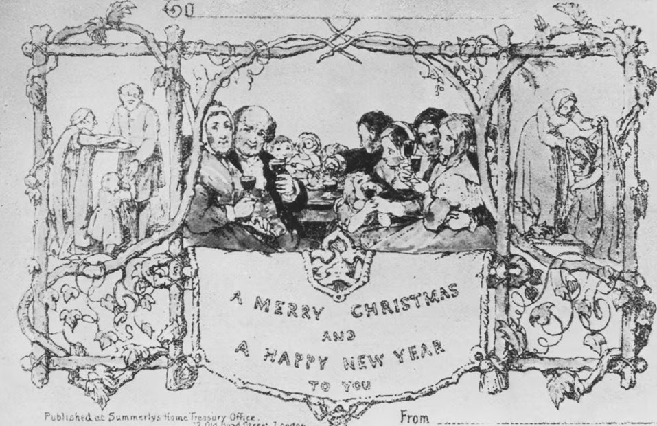 La tarjeta, que se puede ver arriba, fue diseñada por el artista John Callcott Horsley a petición de Cole y presenta a varias generaciones de la familia Cole brindando por la festividad junto con representaciones de caridad y el mensaje: "Feliz Navidad y próspero Año Nuevo". Cole imprimió mil de estas tarjetas, las primeras de su tipo, y las vendió a un chelín cada una.