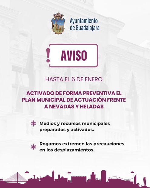 Guadalajara activa el Plan Municipal de Inclemencias Invernales ante el aviso amarillo por nevadas y heladas