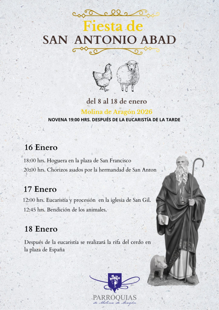 Molina de Aragón celebra la Fiesta de San Antonio Abad 2026 con novena, bendición de animales y rifa del cerdo