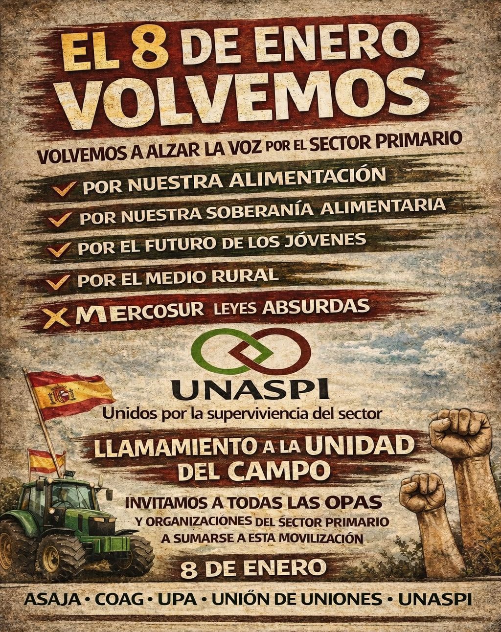 UNASPI convoca tractoradas y movilizaciones del sector primario en Guadalajara y toda España los días 8 y 9 de enero