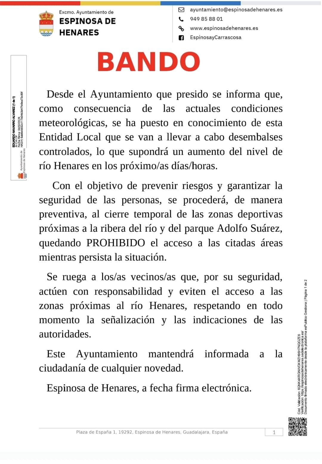 Espinosa de Henares cierra parques y zonas deportivas por vientos fuertes y desembalses