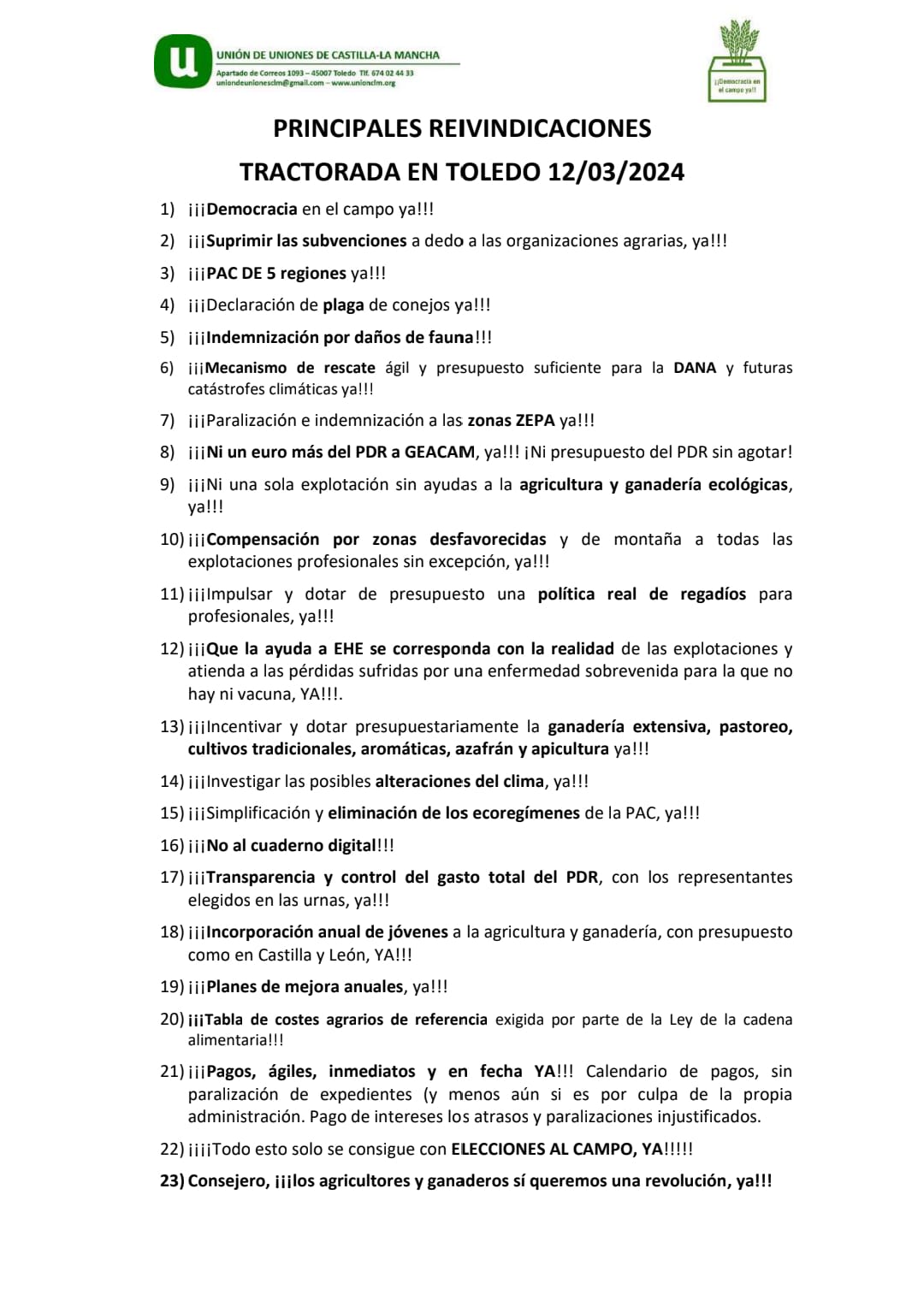 Agricultores y Ganaderos de Guadalajara Presentan un Manifiesto con Reivindicaciones para la Administración Regional
