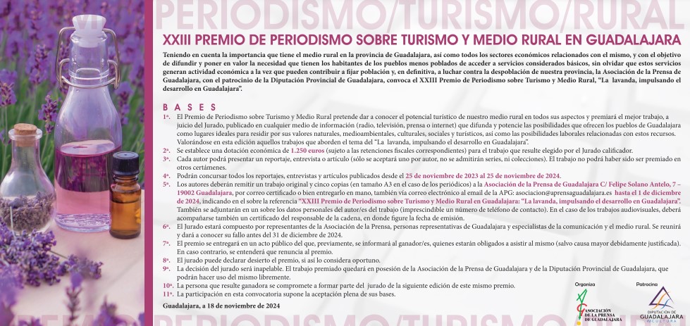 Convocado el XXIII Premio de Periodismo sobre Turismo y Medio Rural en Guadalajara 2024