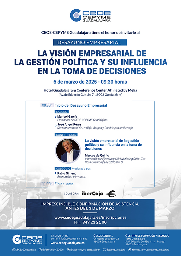 Marcos de Quinto ofrecerá una conferencia sobre la influencia de la gestión política en las decisiones empresariales en Guadalajara