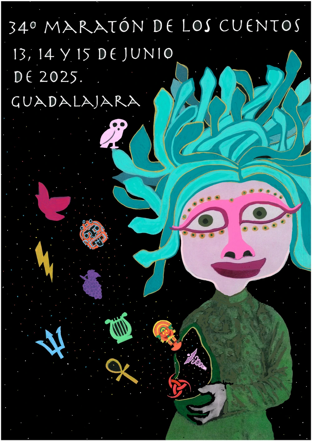 Cartel del Maratón de los Cuentos 2025: Paula Moscuzza y su homenaje a la mitología