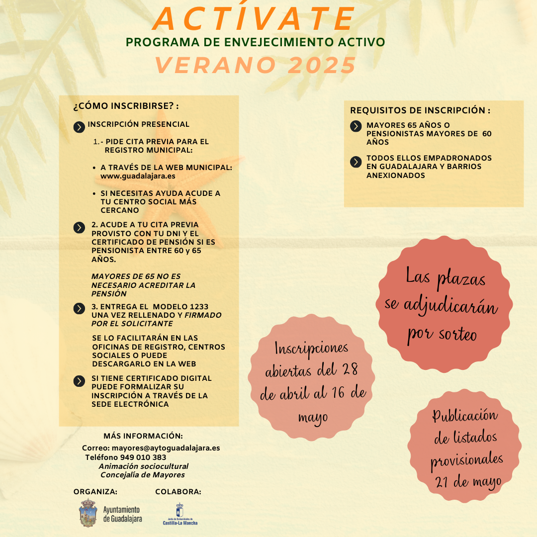 Guadalajara, envejecimiento activo, programa Actívate, verano 2025, actividades para mayores, ejercicio para personas mayores, Ayuntamiento de Guadalajara, salud en mayores, marcha nórdica, pilates para mayores, chikung, baile en línea, gimnasia para mayores, inscripción actividades mayores, mayores de 60 años, bienestar senior, vida activa, actividades al aire libre, barrios anexionados Guadalajara