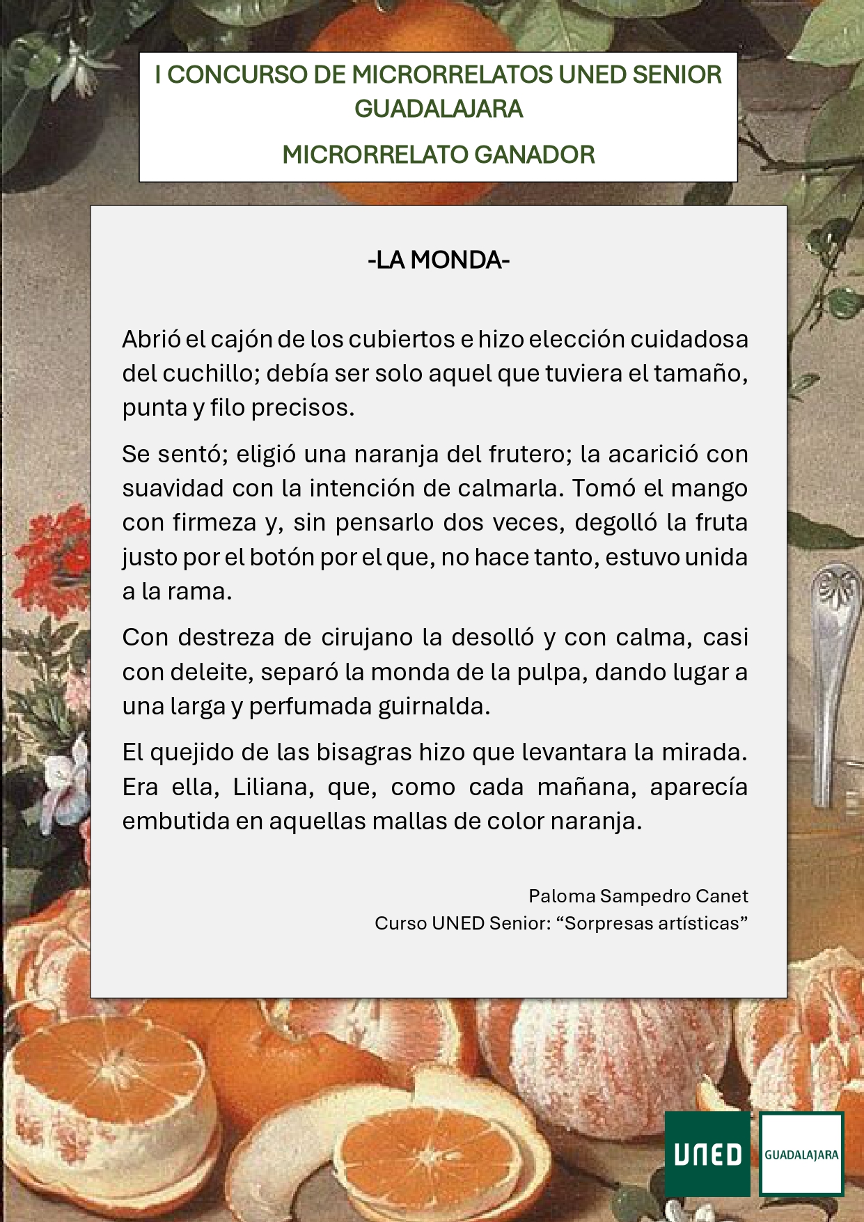 Premio I Concurso de Microrrelatos UNED Senior Guadalajara: Paloma Sampedro Canet, Ganadora en el Día del Libro