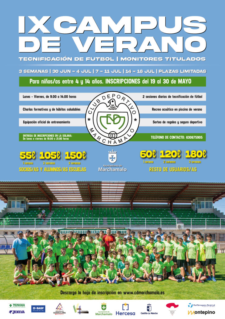 Inscripciones abiertas para el Campus de Fútbol CD Marchamalo 2025. Tres semanas de deporte, piscina y tecnificación para niños de 4 a 14 años.