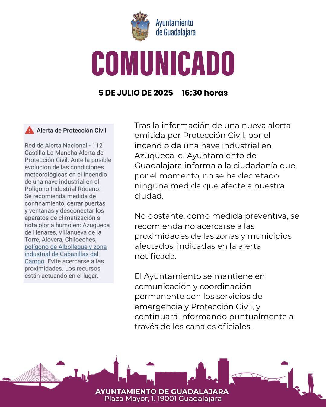 Comunicado Ayuntamiento de Guadalajara (5 de julio 16:30) por incendio en Azuqueca: sin medidas para la capital pero con recomendaciones preventivas
