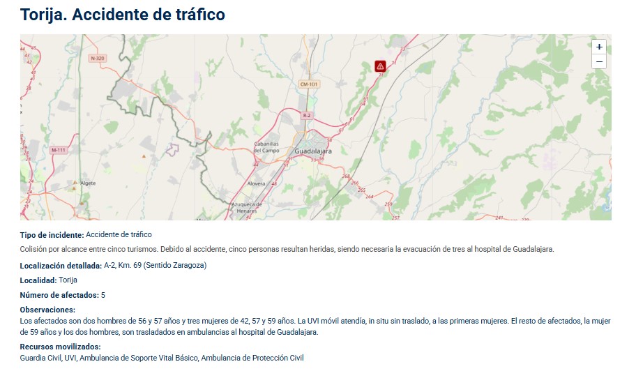 Cinco heridos en un choque múltiple en la A-2 a la altura de Torija