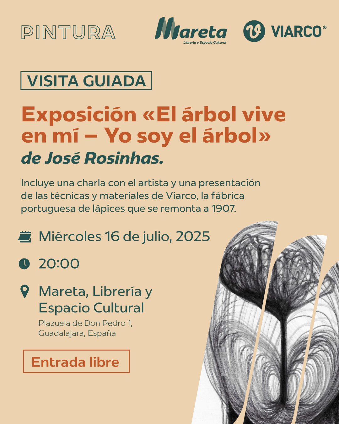 Mareta celebra este miércoles, 16 de julio, un evento cultural en torno a la exposición «El árbol vive en mí–yo soy el árbol» del artista portugués José Rosinhas
