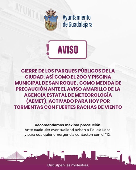 Aviso amarillo por tormentas en Guadalajara este viernes: la AEMET activa la alerta por lluvias y viento en varias comarcas